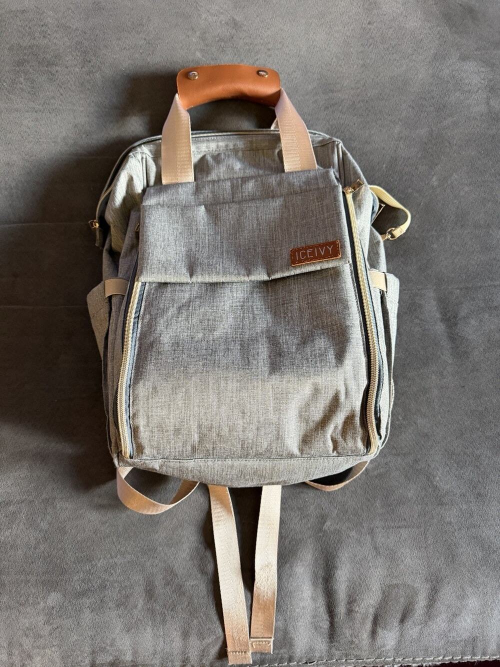 ICEIVY Gray Diaper Bag Backpack - Multifunctional Insulated Pockets Changing Pad
